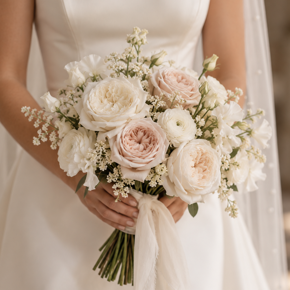 A close-up of a bride in a white wedding dress holding a bridal bouquet of white and blush pink roses, ranunculus, and baby's breath with a sheer white ribbon.