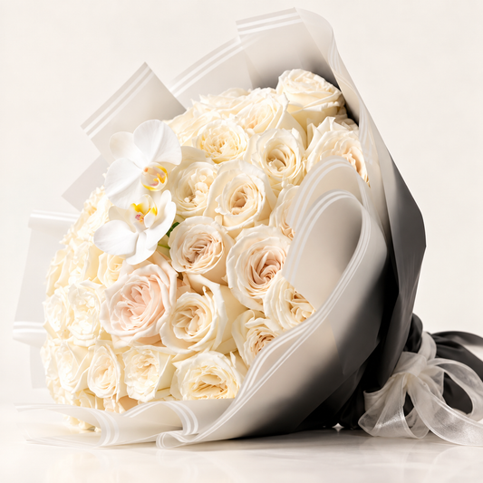 Close-up of ivory roses and white orchids with elegant neutral wrapping by AG Floral Studio in Miami