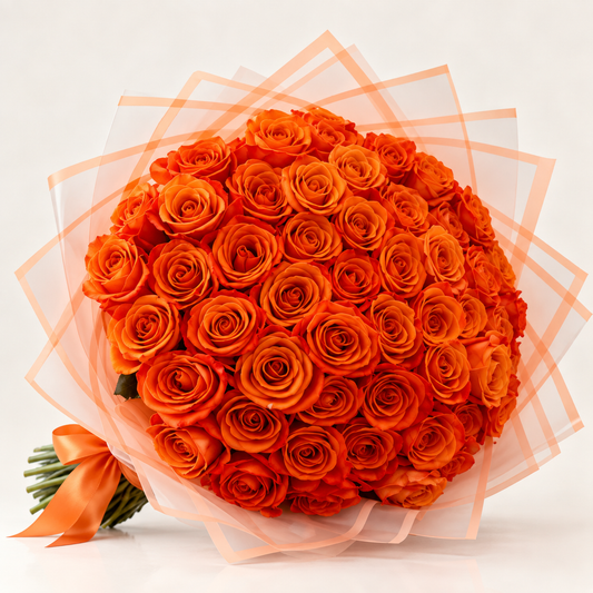 Luxury orange rose bouquet with peach wrapping by AG Floral Studio in Miami