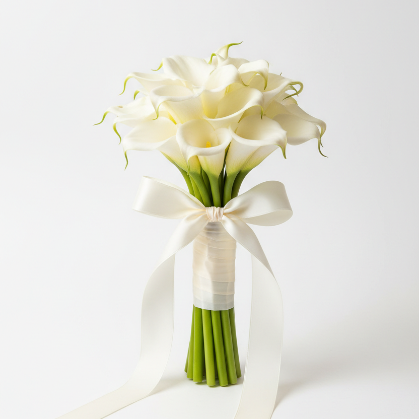 A bouquet of white calla lilies with green stems, tied with a white satin ribbon bow, on a clean white background.