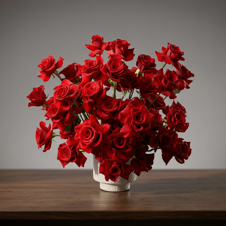 A dense bouquet of deep red roses in a small white vase, placed on a dark wooden surface against a gray studio background.