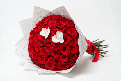 A round bouquet of red roses wrapped in white patterned paper with two white orchid flowers on top and a red ribbon.