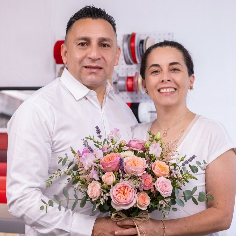 A smiling man and woman standing together and holding a large bouquet of pink and peach roses with green foliage, set against a white wall with shelves in the background.