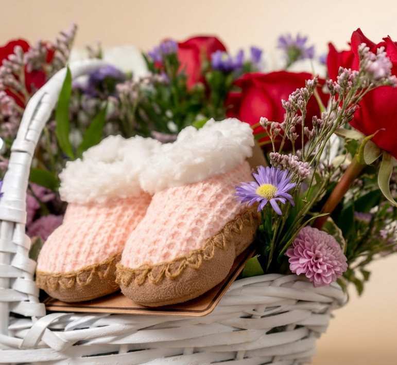A pair of baby booties in pale pink waffle-knit fabric with fluffy white faux-fur trim and tan soles, displayed in a white wicker basket filled with red and purple flowers.