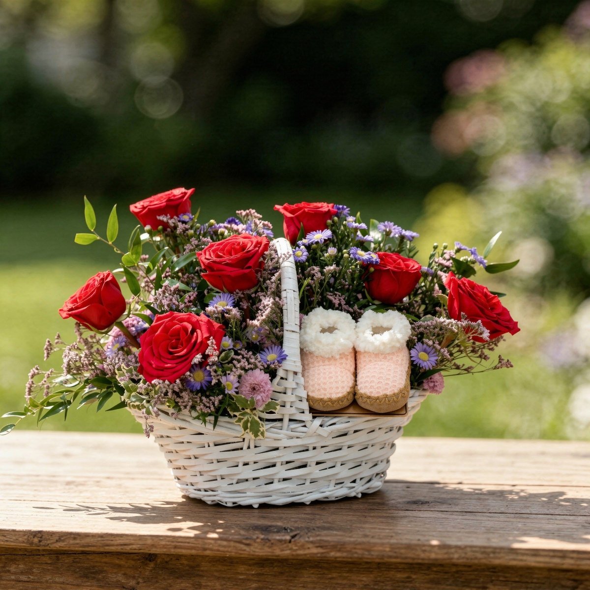A white wicker basket filled with red roses, purple filler flowers, and a pair of cream and tan knit baby booties, placed on a wooden surface with a blurred green garden background.