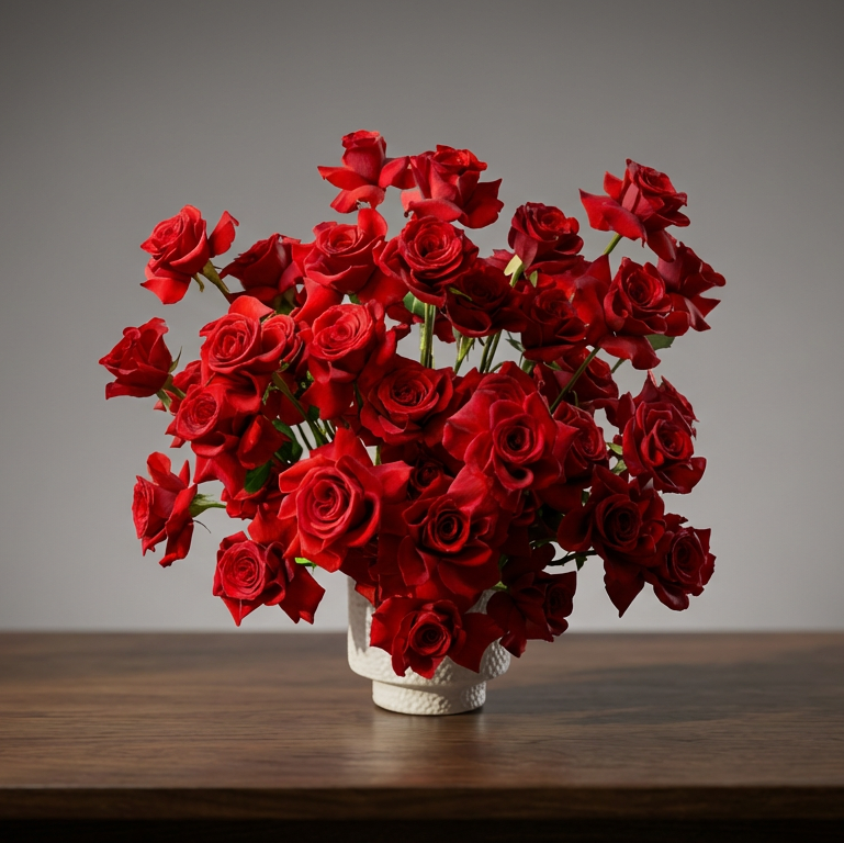 A dense bouquet of vibrant red roses arranged in a small white ceramic vase, set on a dark wooden tabletop against a dark gray gradient background.