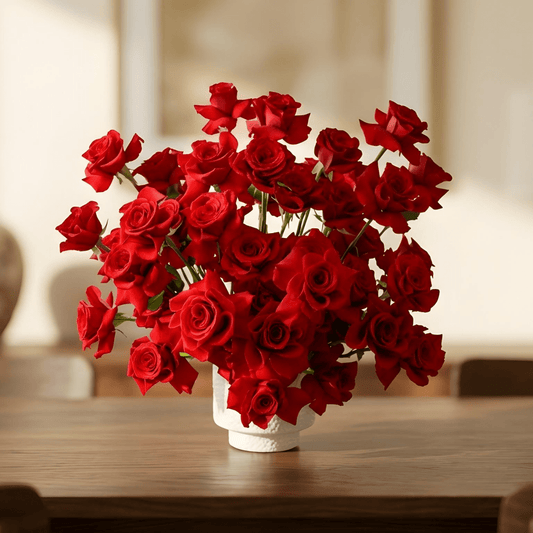 A large bouquet of vibrant red roses arranged in a textured white ceramic vase, set on a dark wooden table.