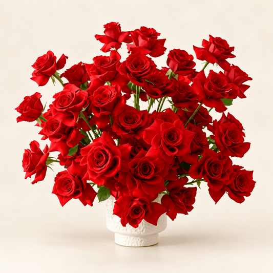 Midnight Tango red rose arrangement with premium red roses displayed in a white ceramic vase