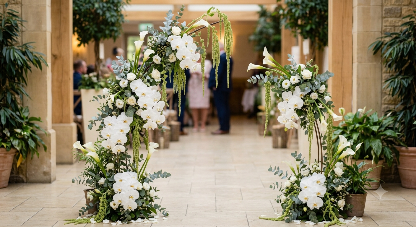 Elegant white and green floral wedding arch arrangement for ceremonies.