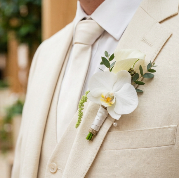 A close-up of a man wearing a cream-colored three-piece suit, matching tie, and a white orchid boutonniere with green leaves on his lapel, with a blurred indoor event background.