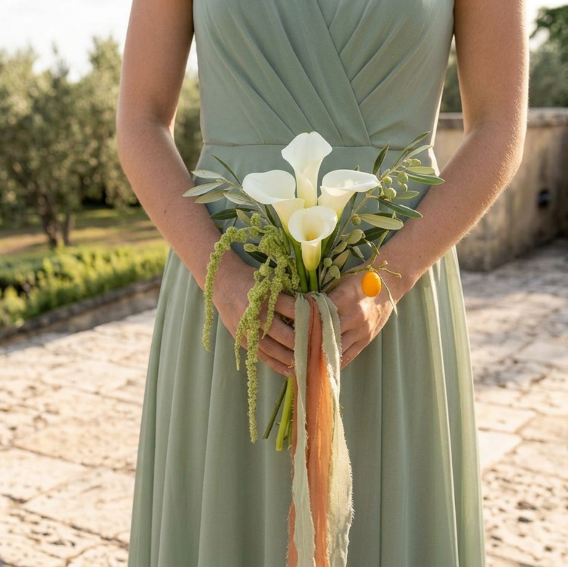 A person wearing a sage green sleeveless dress stands outdoors holding a bouquet of white calla lilies and greenery with peach ribbon, against a sunlit stone patio and olive grove background.